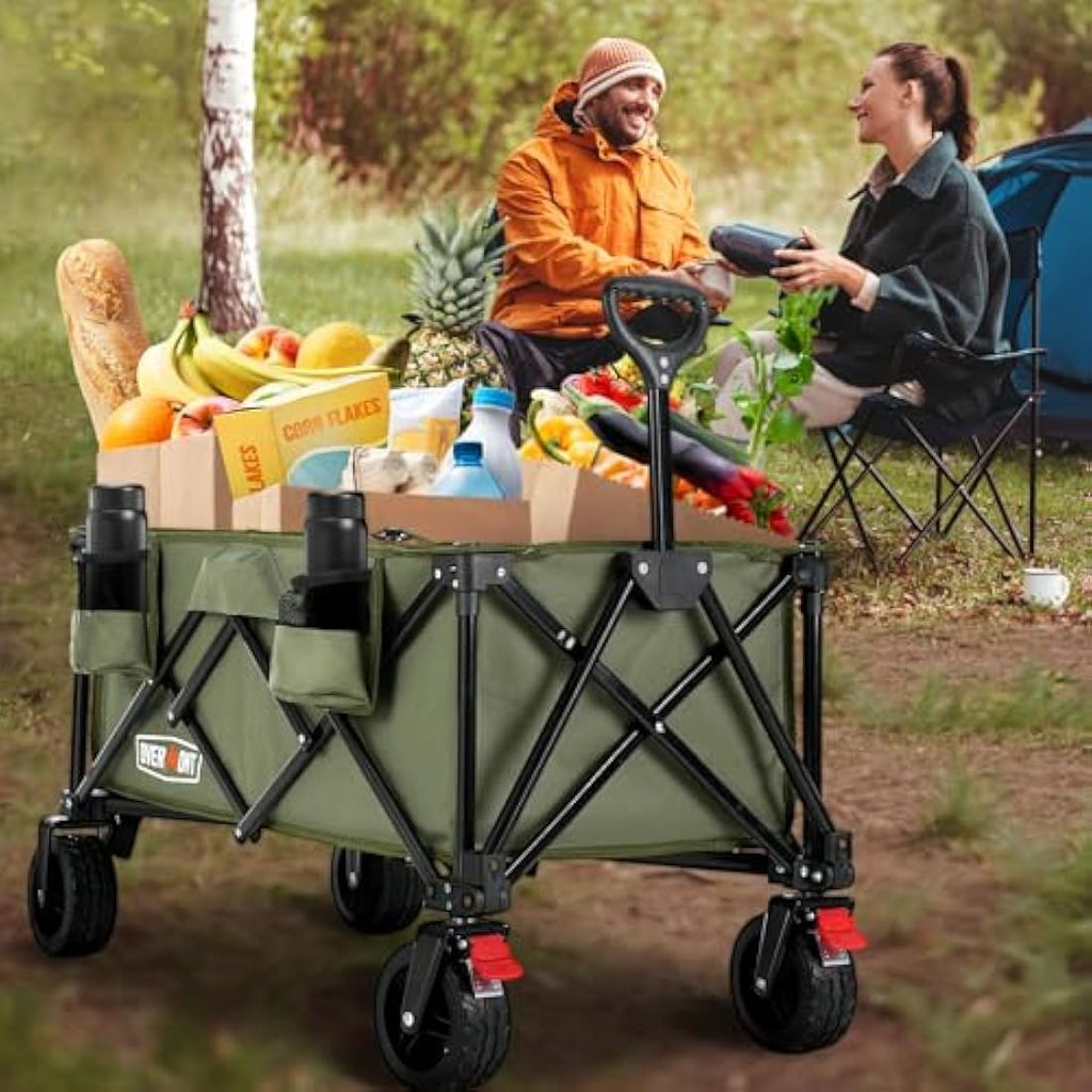 Overmont Heavy Duty Folding Wagon – All-Terrain Beach Trolley, Green