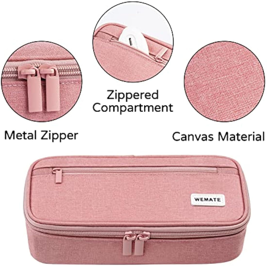 WEMATE Large Pencil Case | 5-Compartment Canvas Stationery Pouch - Pink