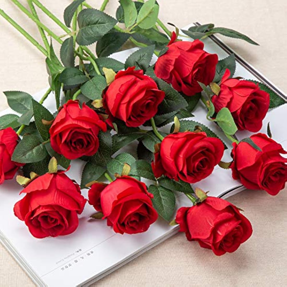 10pcs Artificial Silk Roses – Long Stem Red Wedding Flowers
