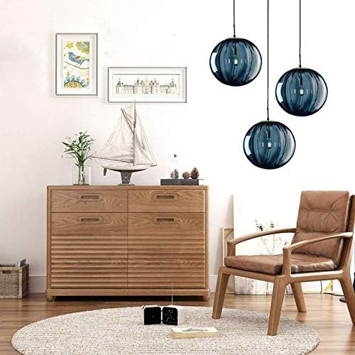 3-Light Brass Pendant Light | Blue Striped Glass Globe