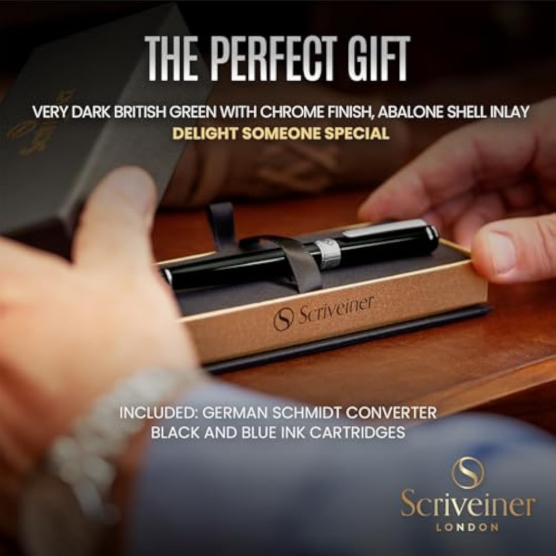 Luxury Fountain Pen – Black Green with Fine Schmidt Nib