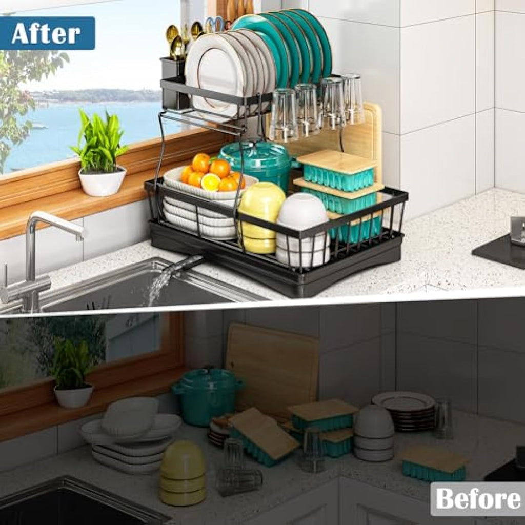 StowBin 2-Tier Dish Drying Rack with Drainboard - Black Metal Drainer