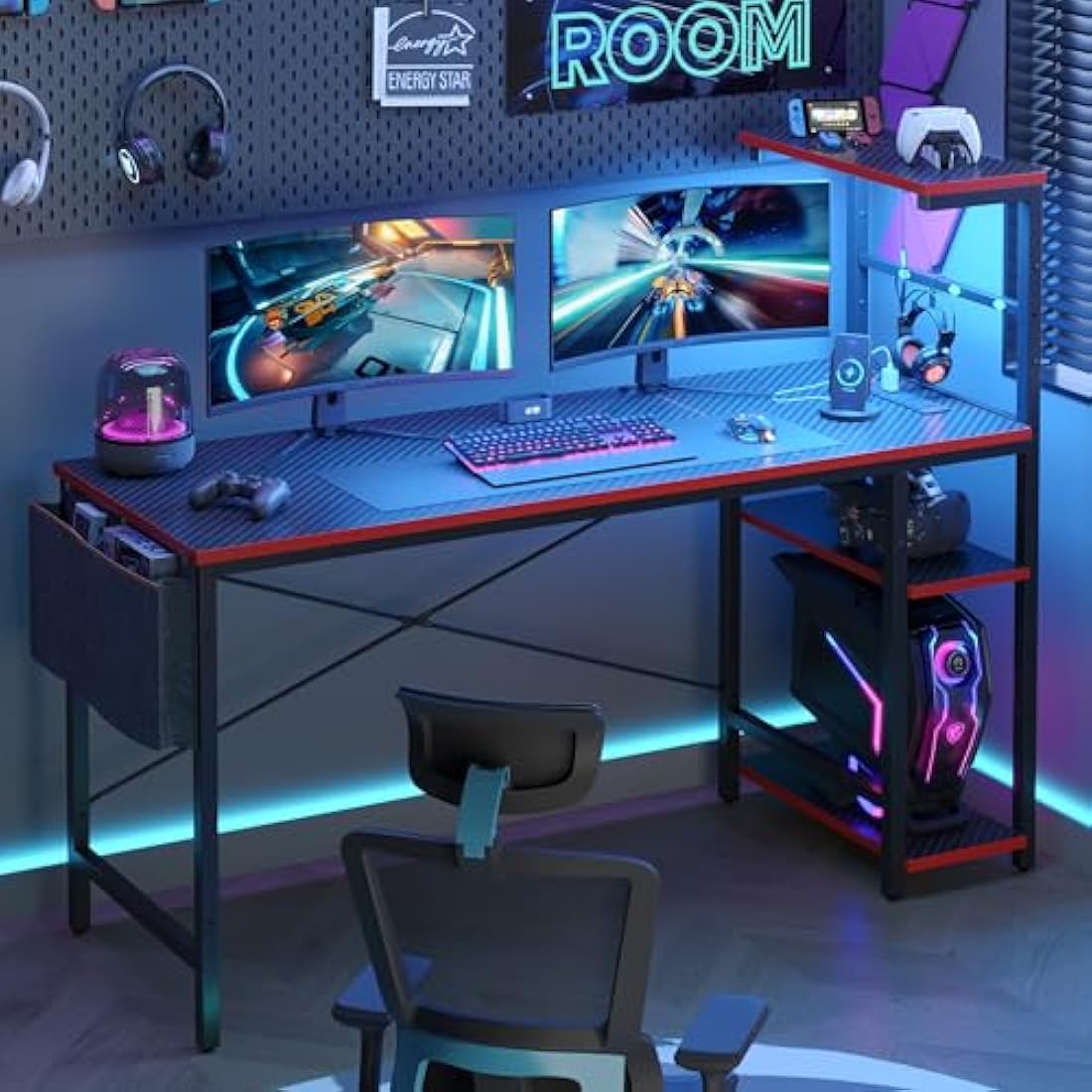 Bestier 155CM Corner Desk with LED Lights and Power Outlets