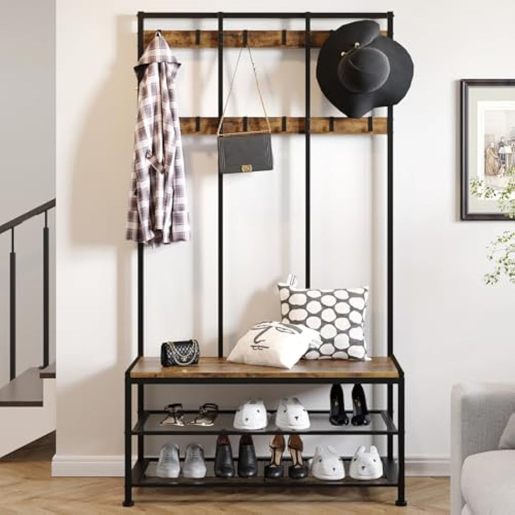 Dripex Industrial Hall Tree Coat Rack with Shoe Bench and 12 Hooks