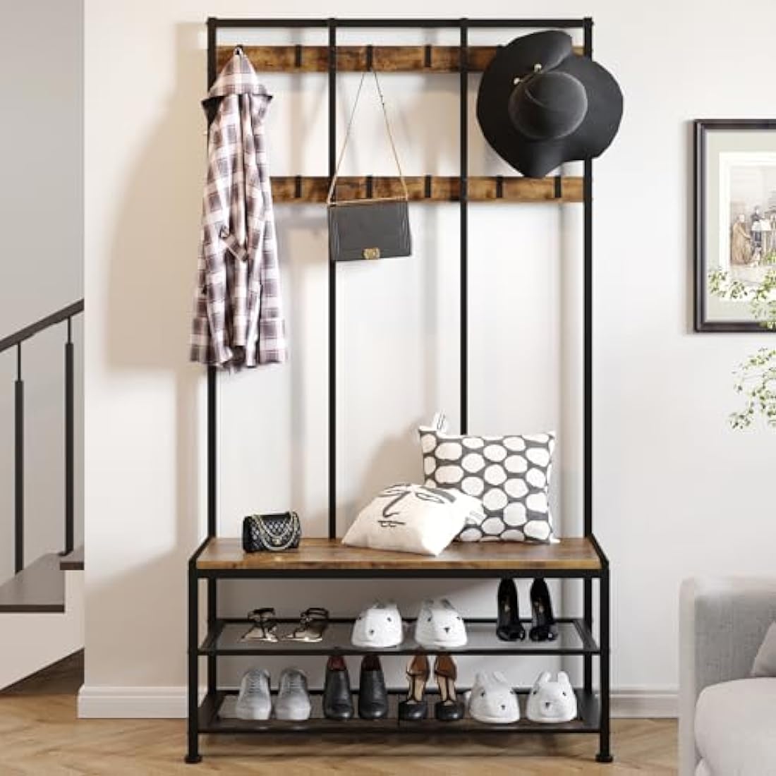 Dripex Industrial Hall Tree Coat Rack with Shoe Bench and 12 Hooks