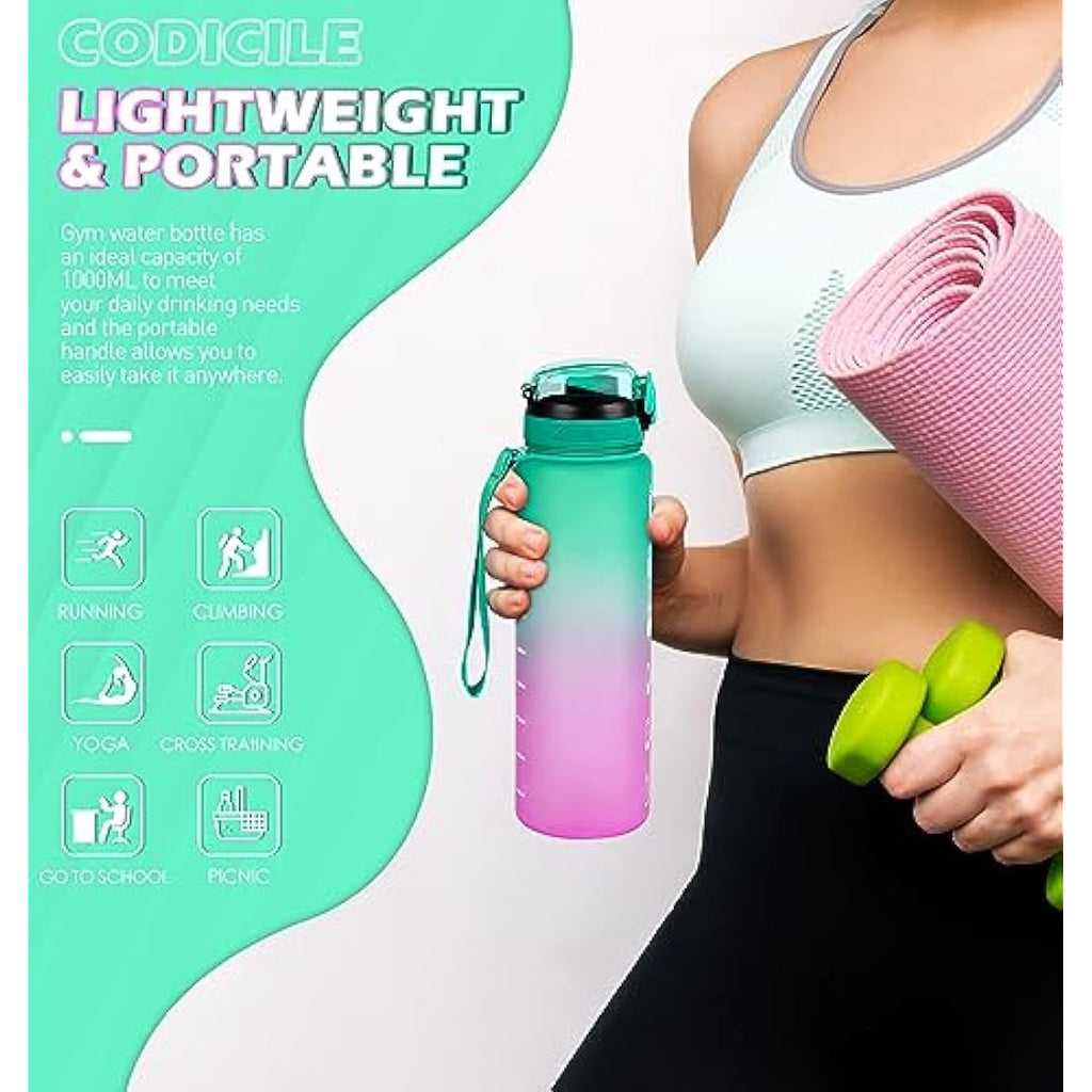 CodiCile 1L Water Bottle with Straw | Leak-proof Motivational Sports Bottle