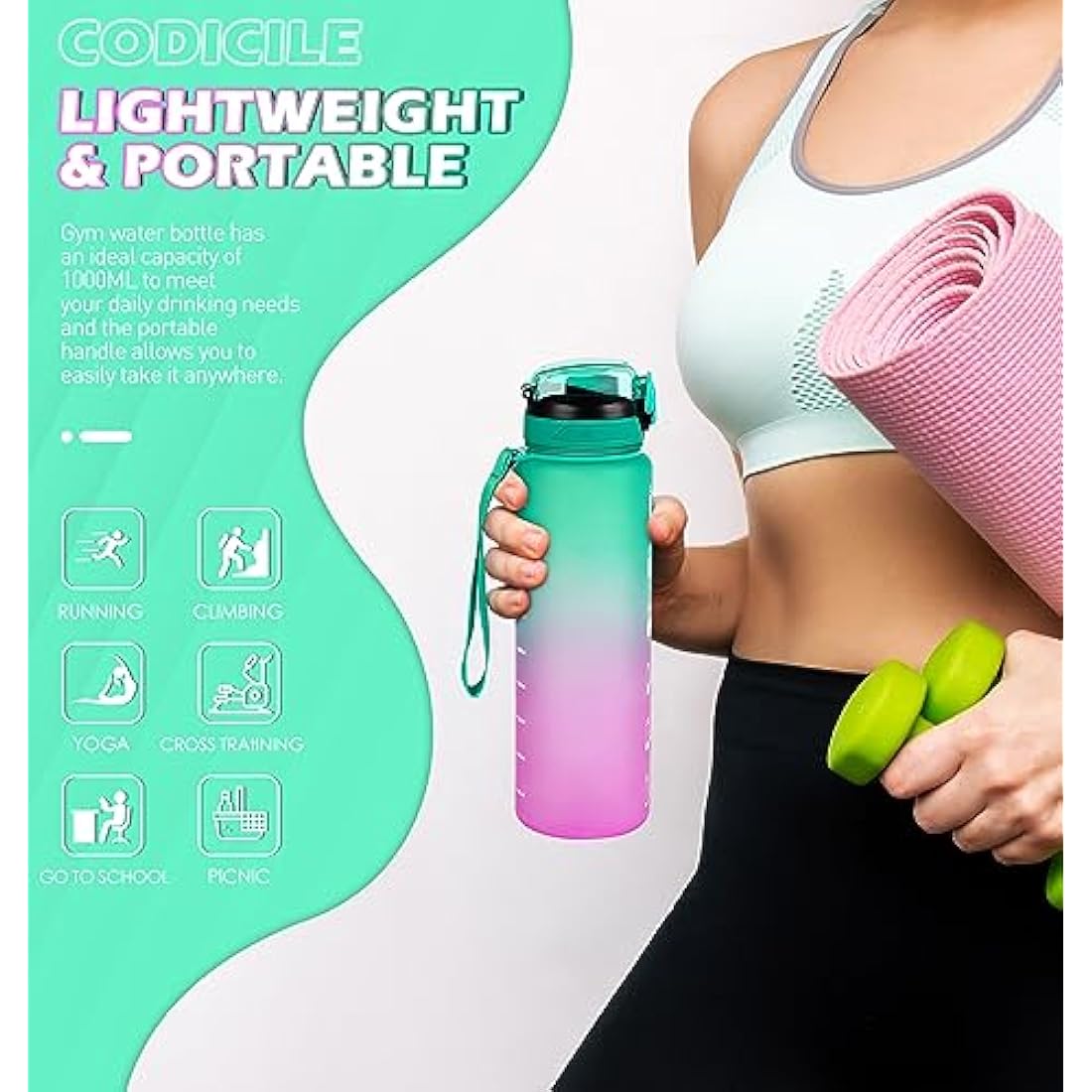 CodiCile 1L Water Bottle with Straw | Leak-proof Motivational Sports Bottle