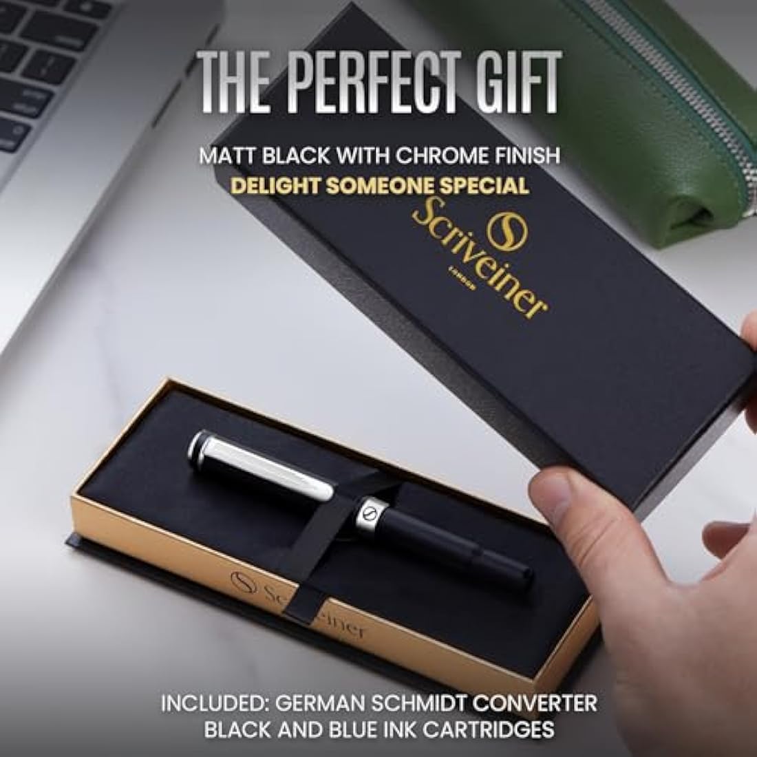 Scriveiner Luxury EDC Fountain Pen | Matt Black & Chrome Pocket Pen