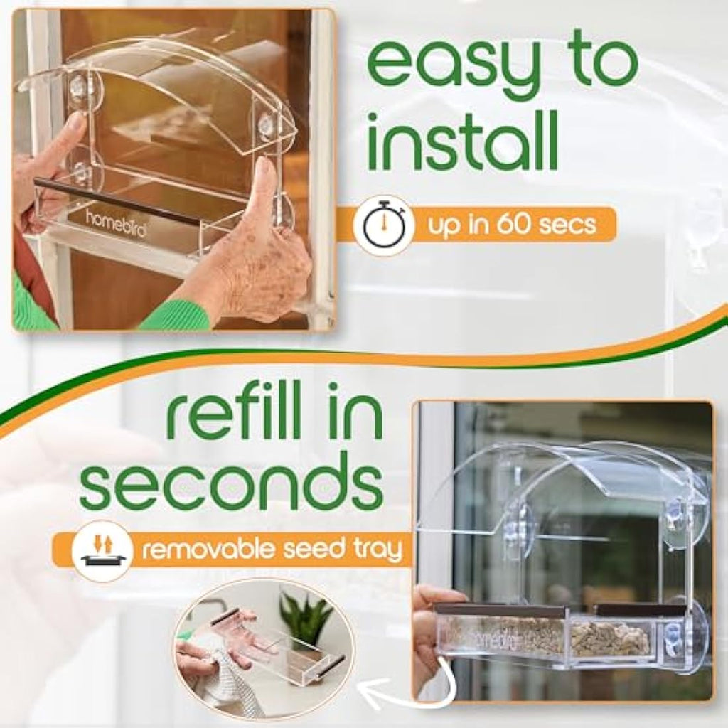 Homebird Window Bird Feeder with Strong Suction Cups and Removable Tray