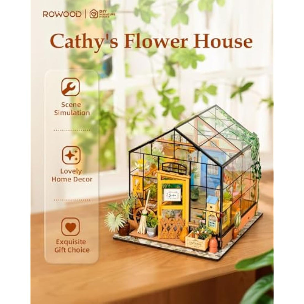 ROWOOD DIY Miniature Greenhouse Dollhouse Kit with LED Light - Wooden Model