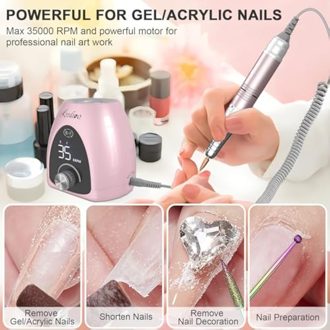 Kredioo Professional Electric Nail Drill | 35000RPM E-File Kit - Rose Pink