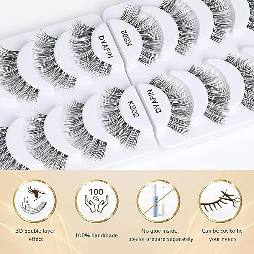 DYAFIN 3D Natural False Eyelashes | 16mm Wispy Clear Band Lashes - 8 Pairs