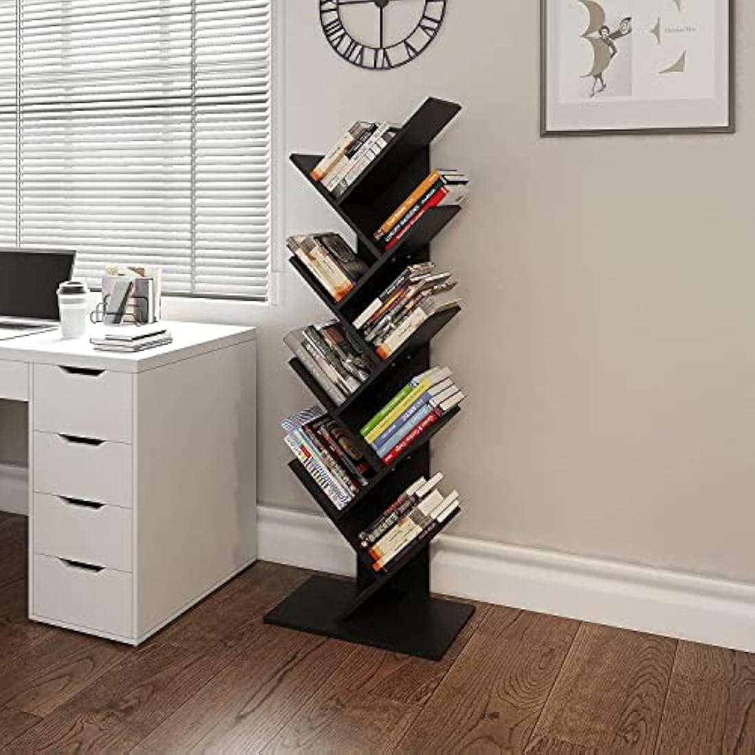 YITAHOME Tree Bookshelf | Tall Industrial Wooden Storage Rack - Black