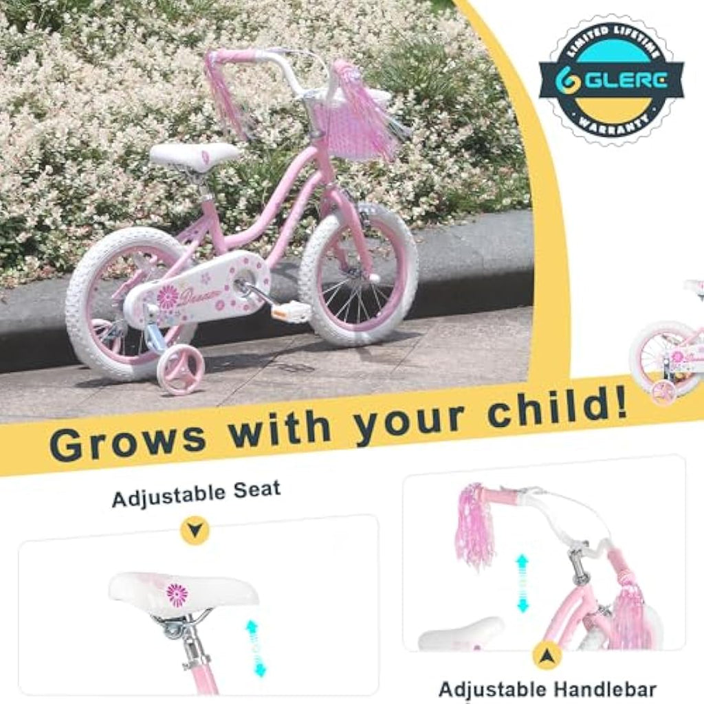 Glerc Daisy 16 Inch Girls Bike with Training Wheels and Basket | Pink