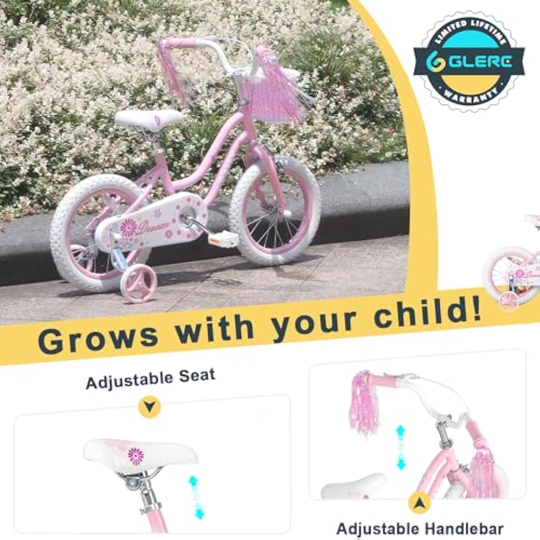 Glerc Daisy 16 Inch Girls Bike with Training Wheels and Basket | Pink