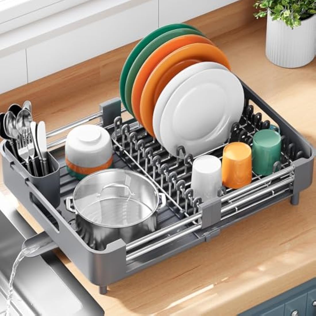 KINGRACK Extendable Dish Drying Rack | Stainless Steel Drainer in Gray