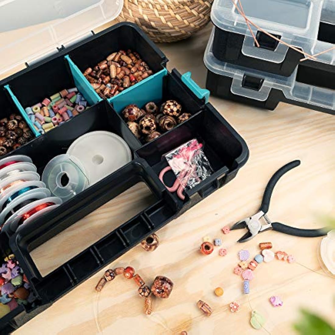 Navaris Stackable Plastic Storage Box with Adjustable Dividers - 3 Pack