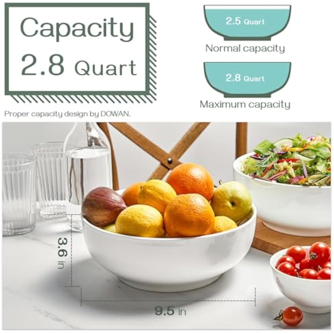 DOWAN Large Ceramic Serving Bowls | 2700ml White Salad Bowls, Set of 2