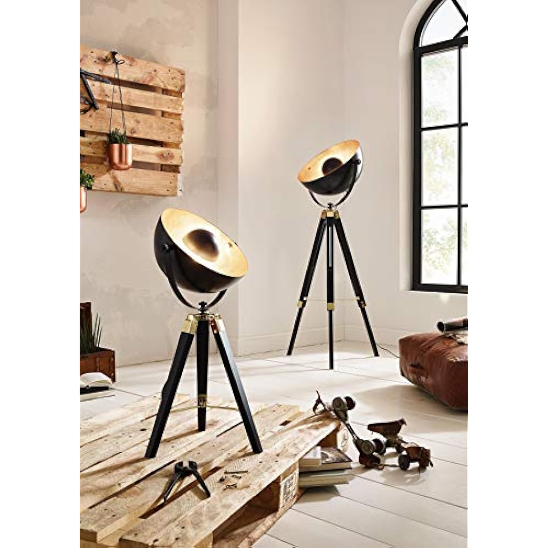 Eglo Covaleda Industrial Tripod Floor Lamp | Black & Gold Wood Steel