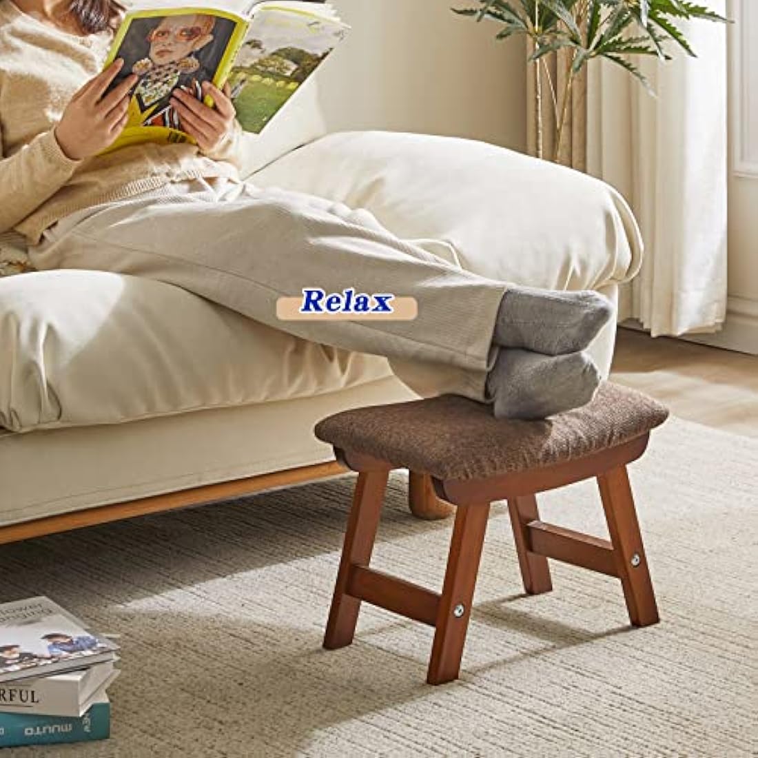 Aibiju Wooden Footstool – Padded Beech Wood Ottoman with Removable Cover