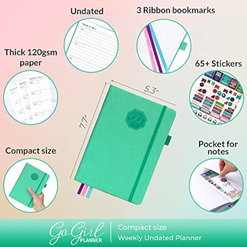 GoGirl Undated Weekly Planner – Compact Goal Organizer & Journal, Emerald