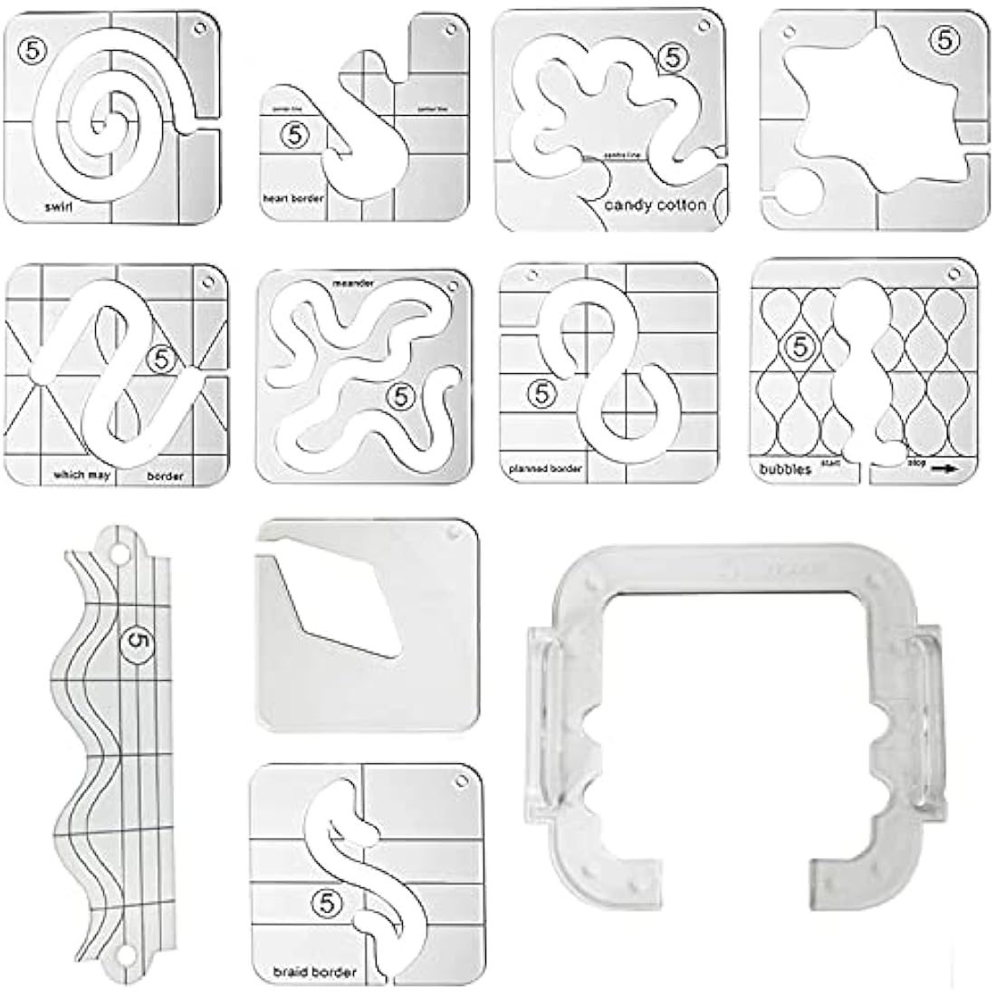 Free Motion Quilting Template Set with Frame - 12 Pieces