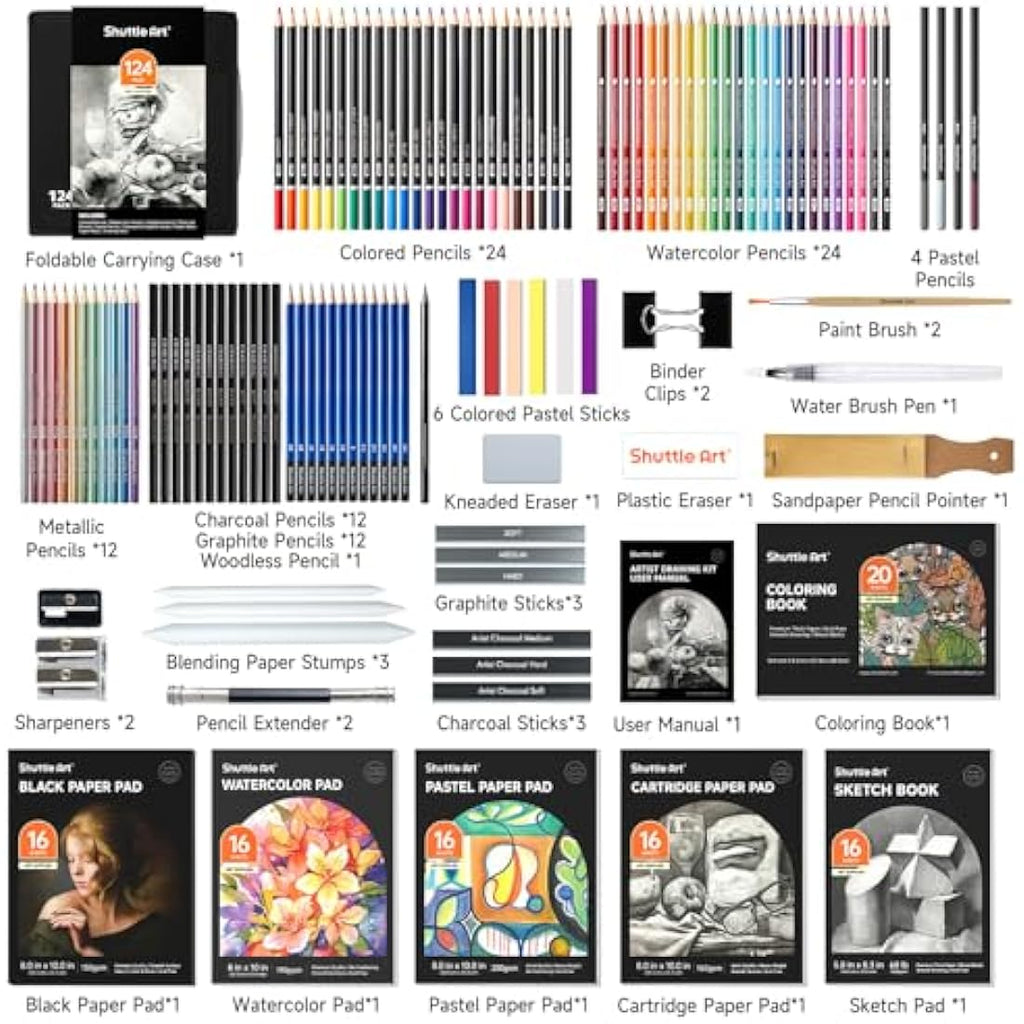 Shuttle Art 124 Pack Sketching and Drawing Set with 4 Drawing Pads