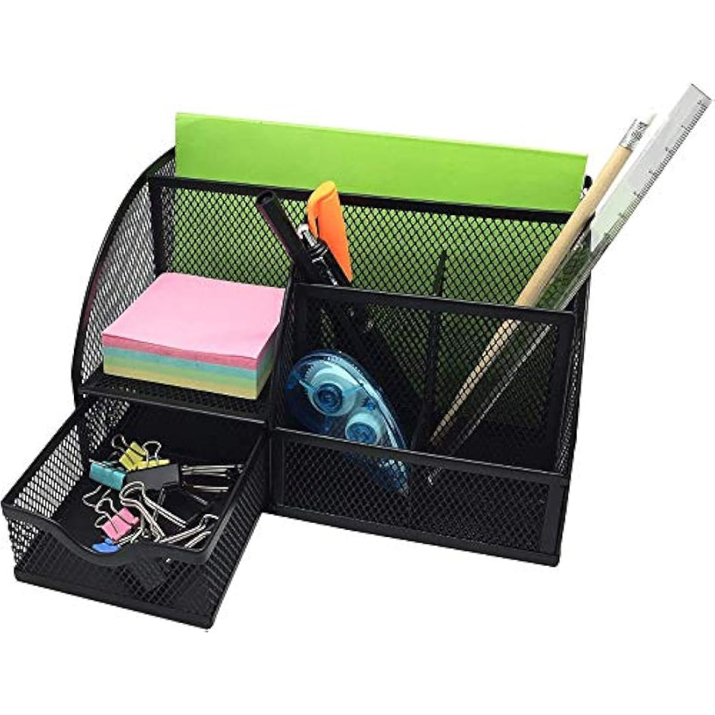 Exerz Mesh Desk Organiser | 7-Compartment Metal Office Tidy - Black