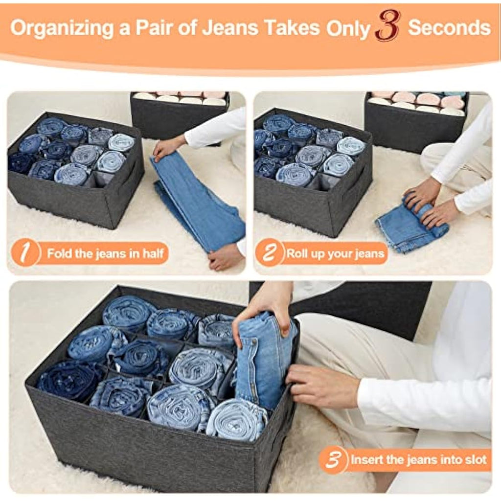 4 Pack Wardrobe Organiser - 12 Cell Foldable Jeans Storage Bins