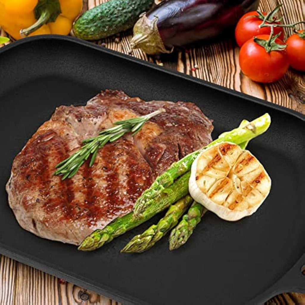 Mimiuo Cast Iron Griddle Pan – Rectangular Sizzler with Wood Handle