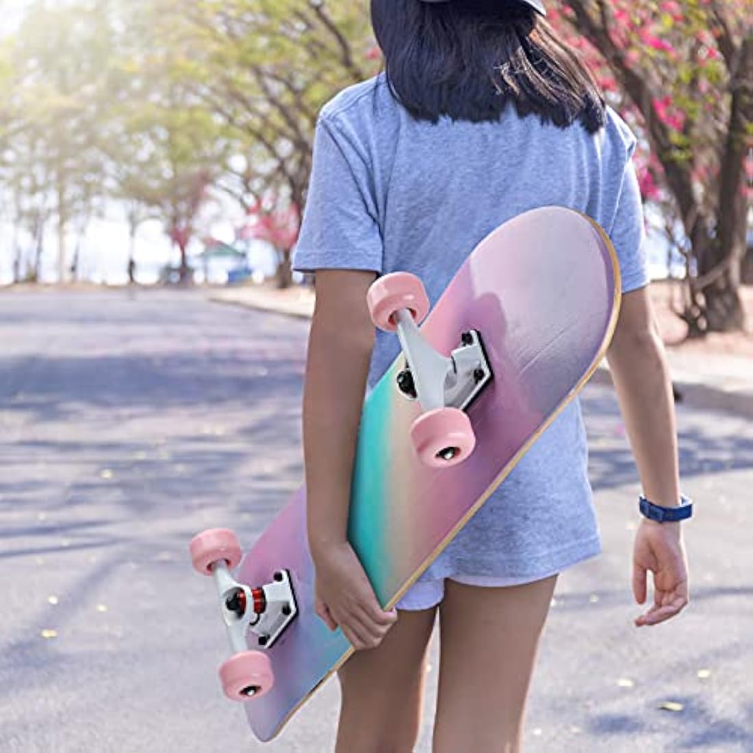 ILAHUI 7-Layer Maple Wood Skateboard for Beginners | Rainbow Powder