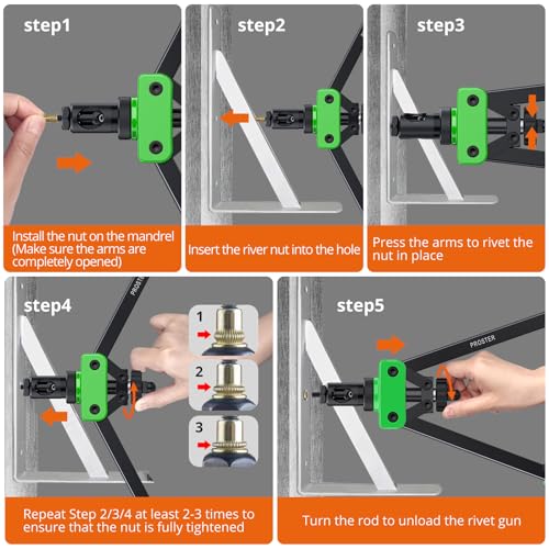 Proster 14" Heavy Duty Rivet Nut Tool Kit with 6 Mandrels & 150 Nuts