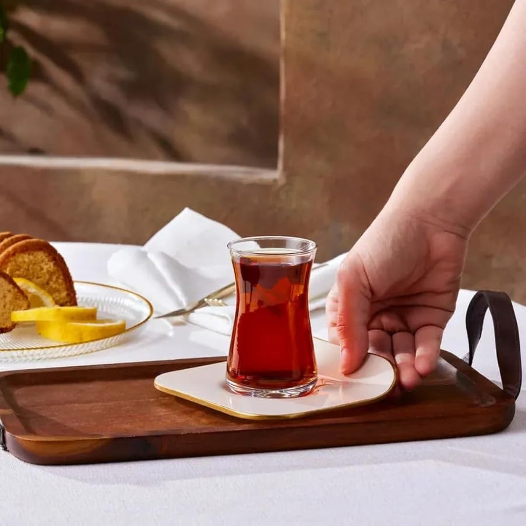 Karaca Retro 12-Piece Turkish Tea Set - 6 Glass Cups & Saucers, Cream