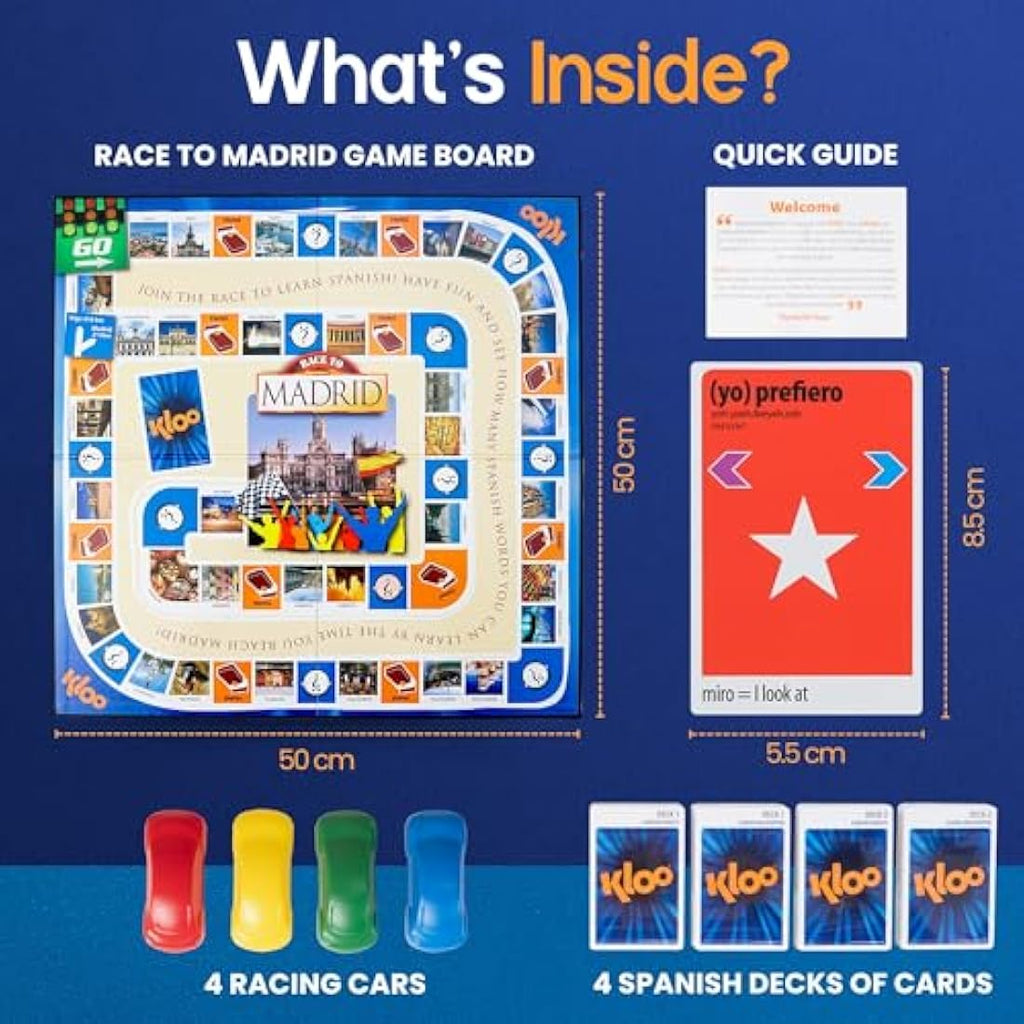 KLOO Spanish Board Game – Race to Madrid Language Learning Flash Cards