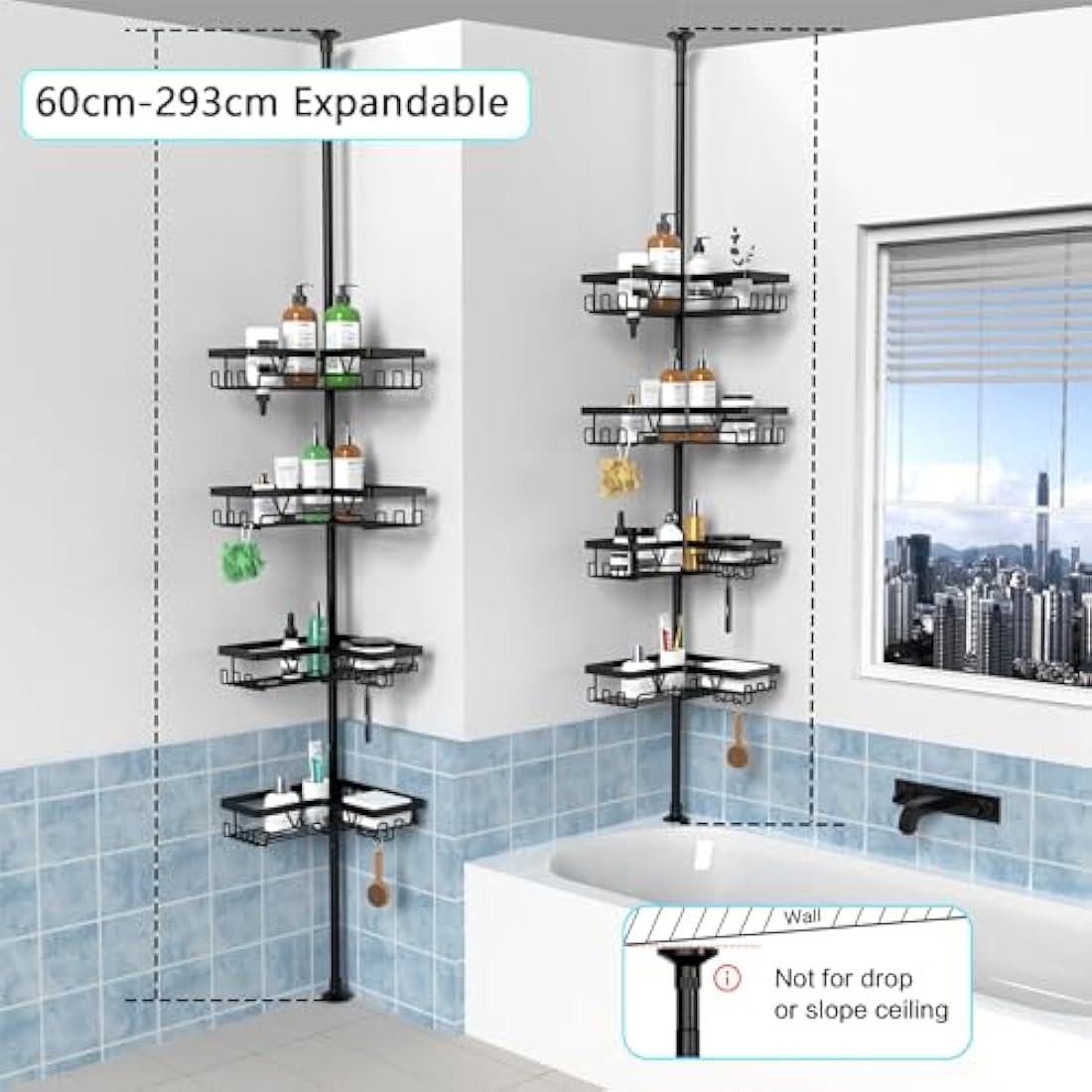 Jolof Store 4-Tier Tension Rod Shower Caddy – Stainless Steel Corner Shelf
