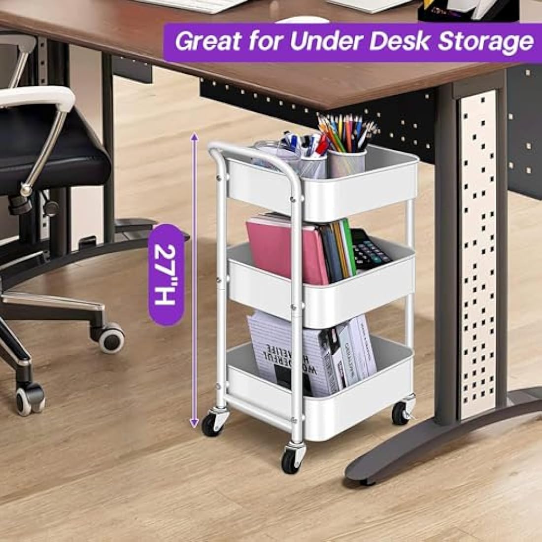 MISSLO 3-Tier Metal Utility Rolling Cart – Under Desk Storage Trolley, White