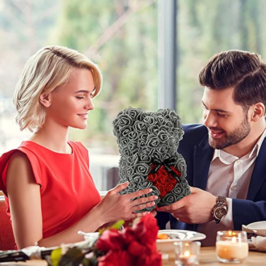 Rose Teddy Bear – Handmade Artificial Flower Gift (Gray)
