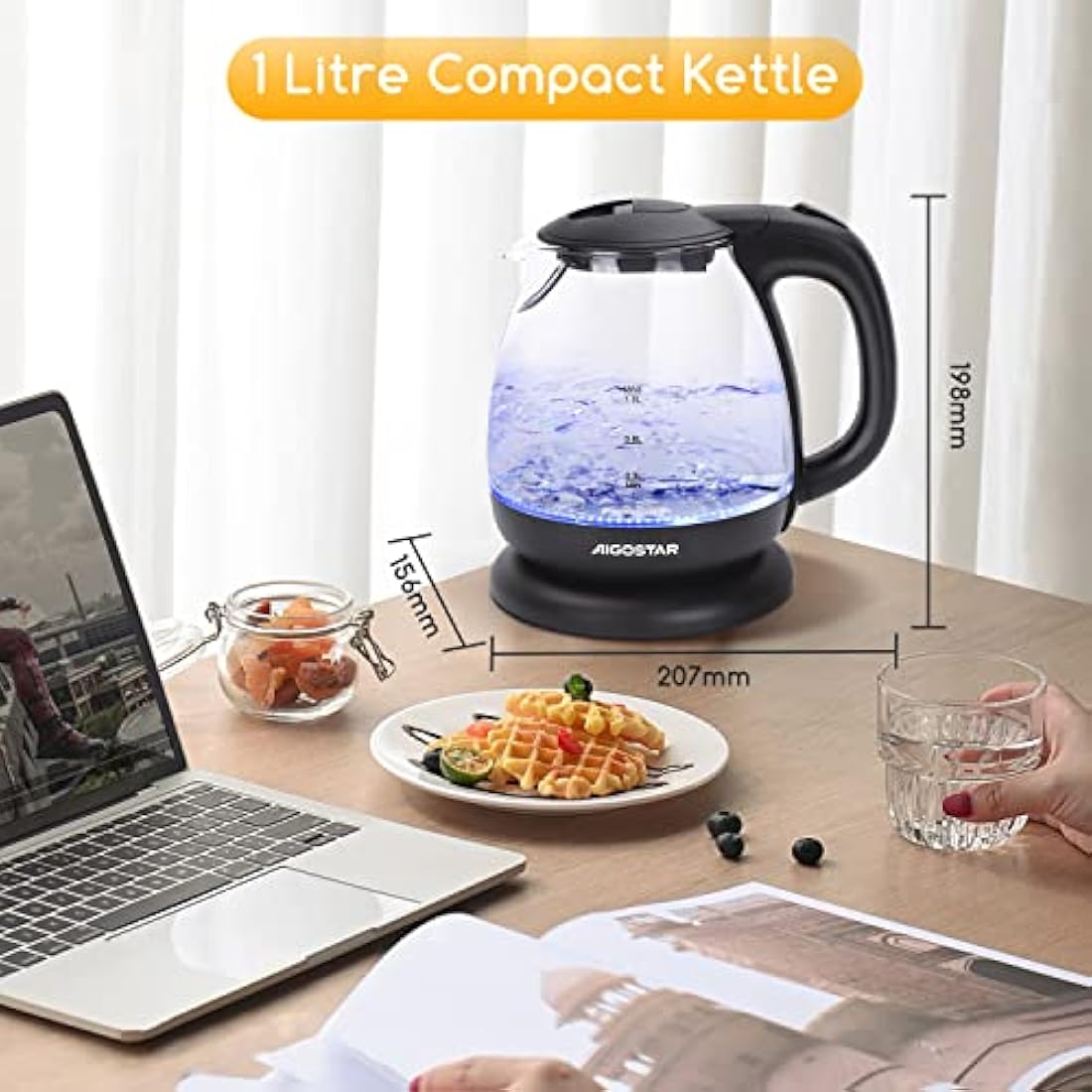 Aigostar 1.0L Glass Electric Kettle – 2200W Fast Boil Mini Tea Kettle