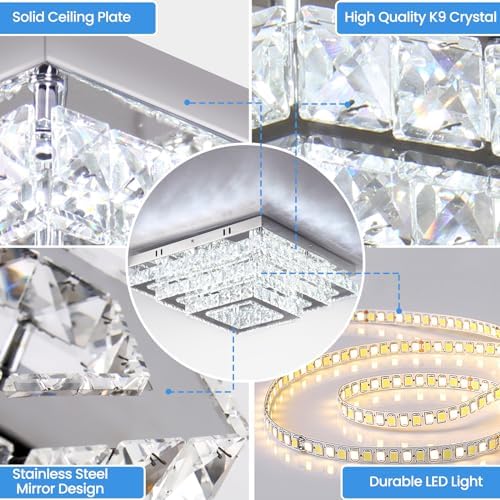 Finktonglan 15” Square Crystal LED Flush Mount Ceiling Light – 6500K