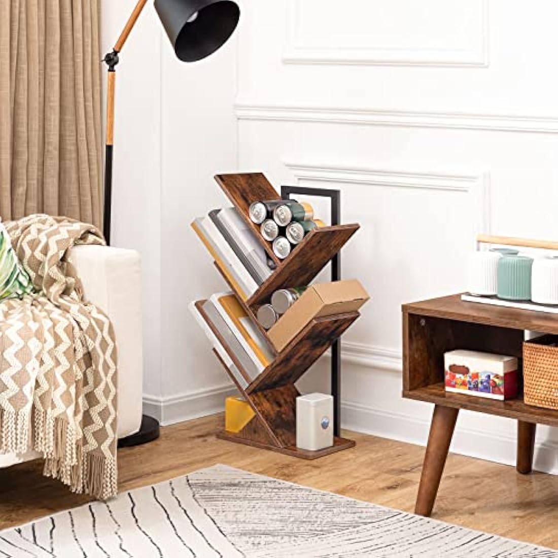HOOBRO 4-Tier Tree Bookshelf – Rustic Brown Small Desktop Bookcase