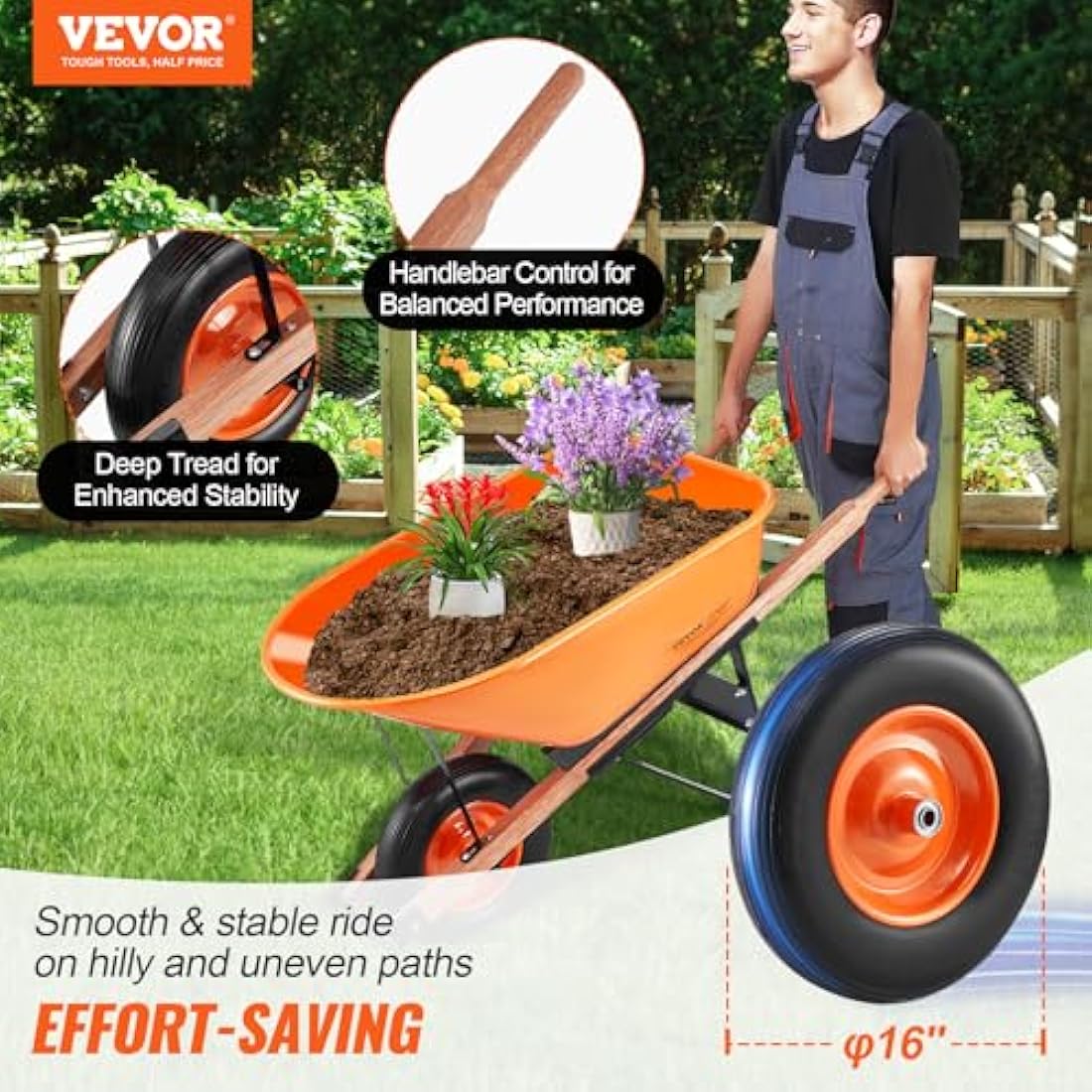 VEVOR 6 Cu. Ft Wheelbarrow – 330 lbs Heavy-Duty Garden Utility Cart