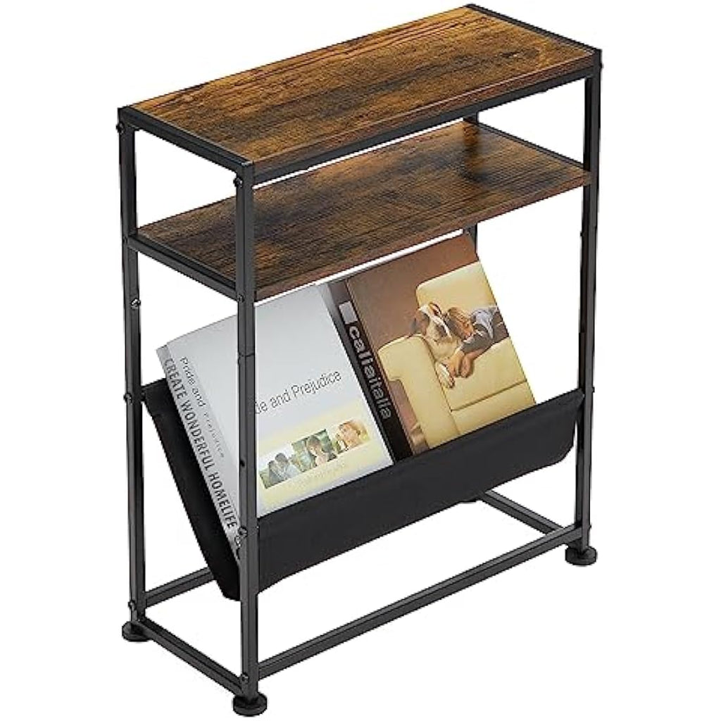ZEXVIDA Narrow End Table with Magazine Holder – Slim Industrial Side Table