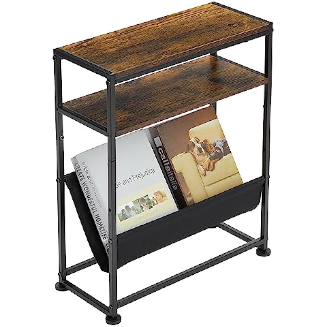 ZEXVIDA Narrow End Table with Magazine Holder – Slim Industrial Side Table