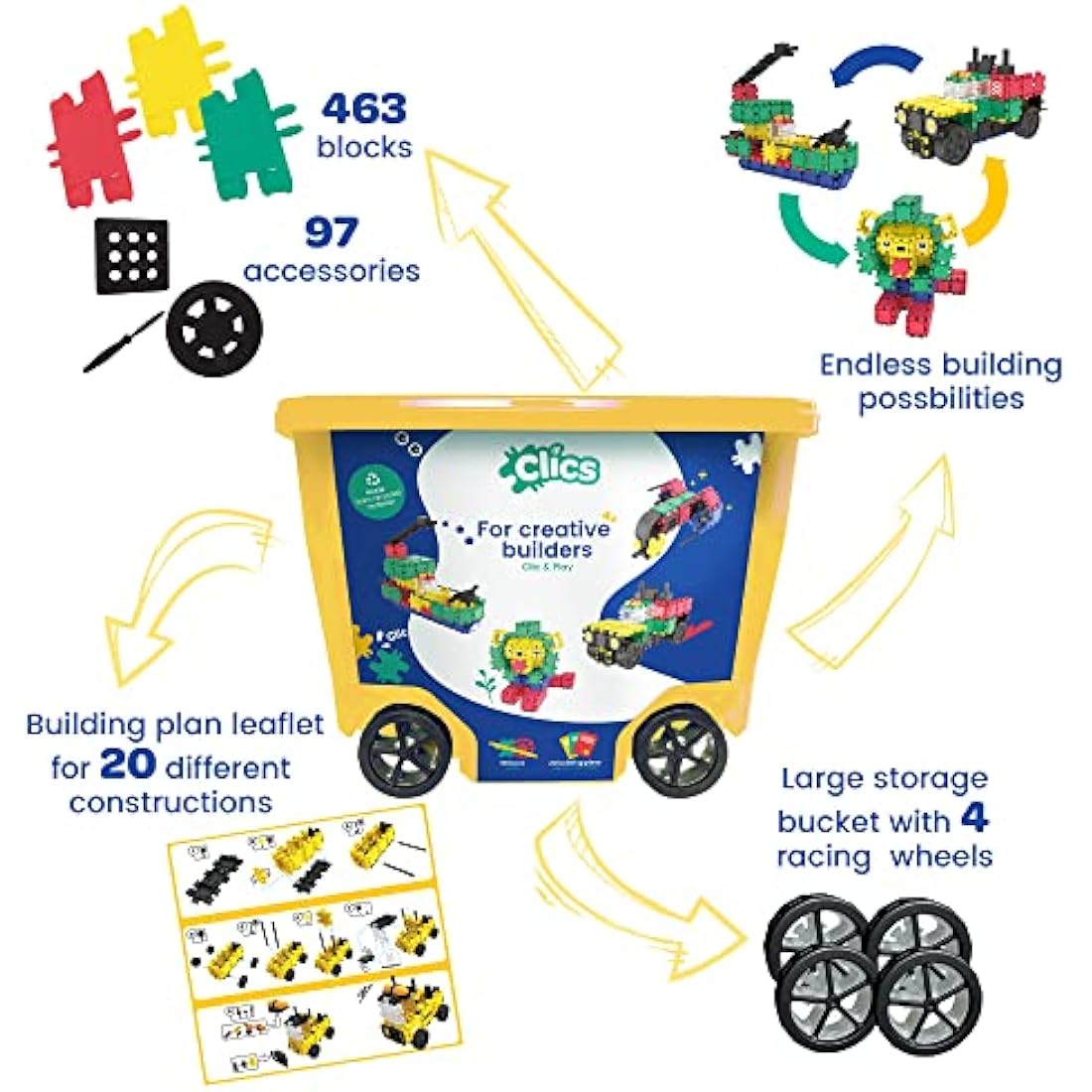 Clics STEM Construction Toys – 560pc Recycled Plastic Building Blocks