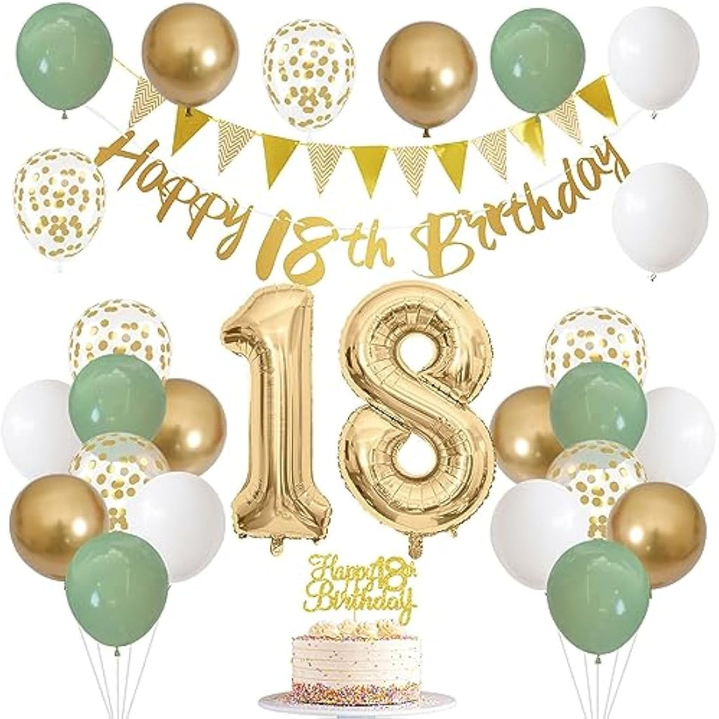 18th Birthday Decorations – Sage Green, Gold & White Party Kit
