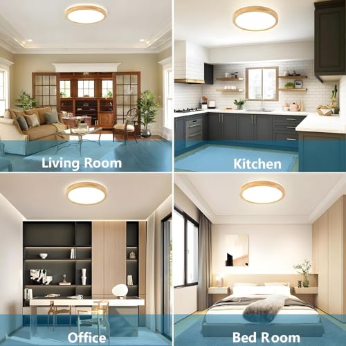 YYUTLUO Wood LED Ceiling Light | 360° Glow Round Oak Flush Mount Lamp