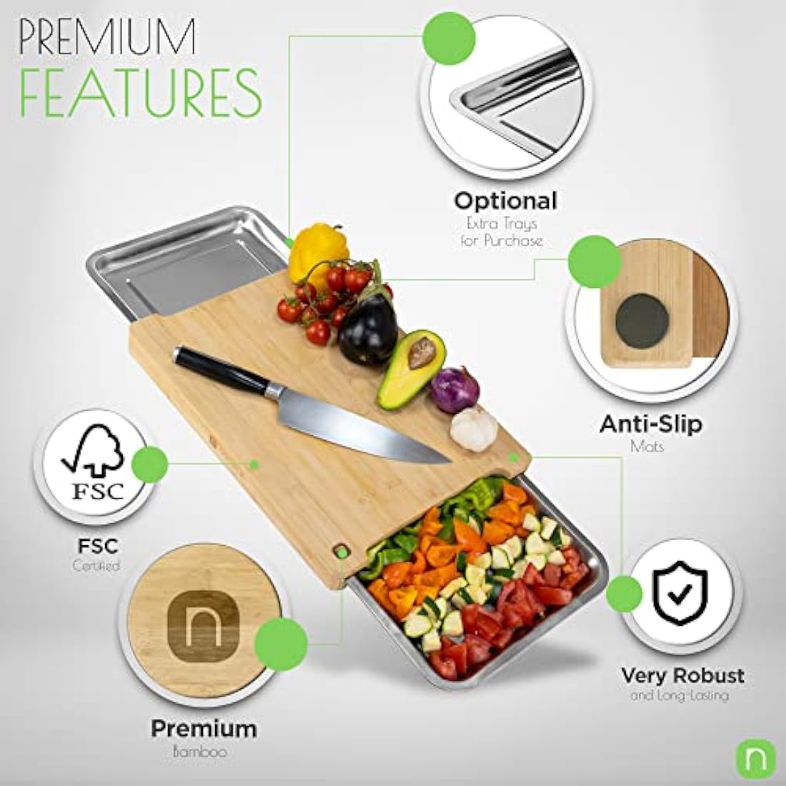 Naturlik Bamboo Chopping Board with 2 Magnetic Stainless Steel Trays