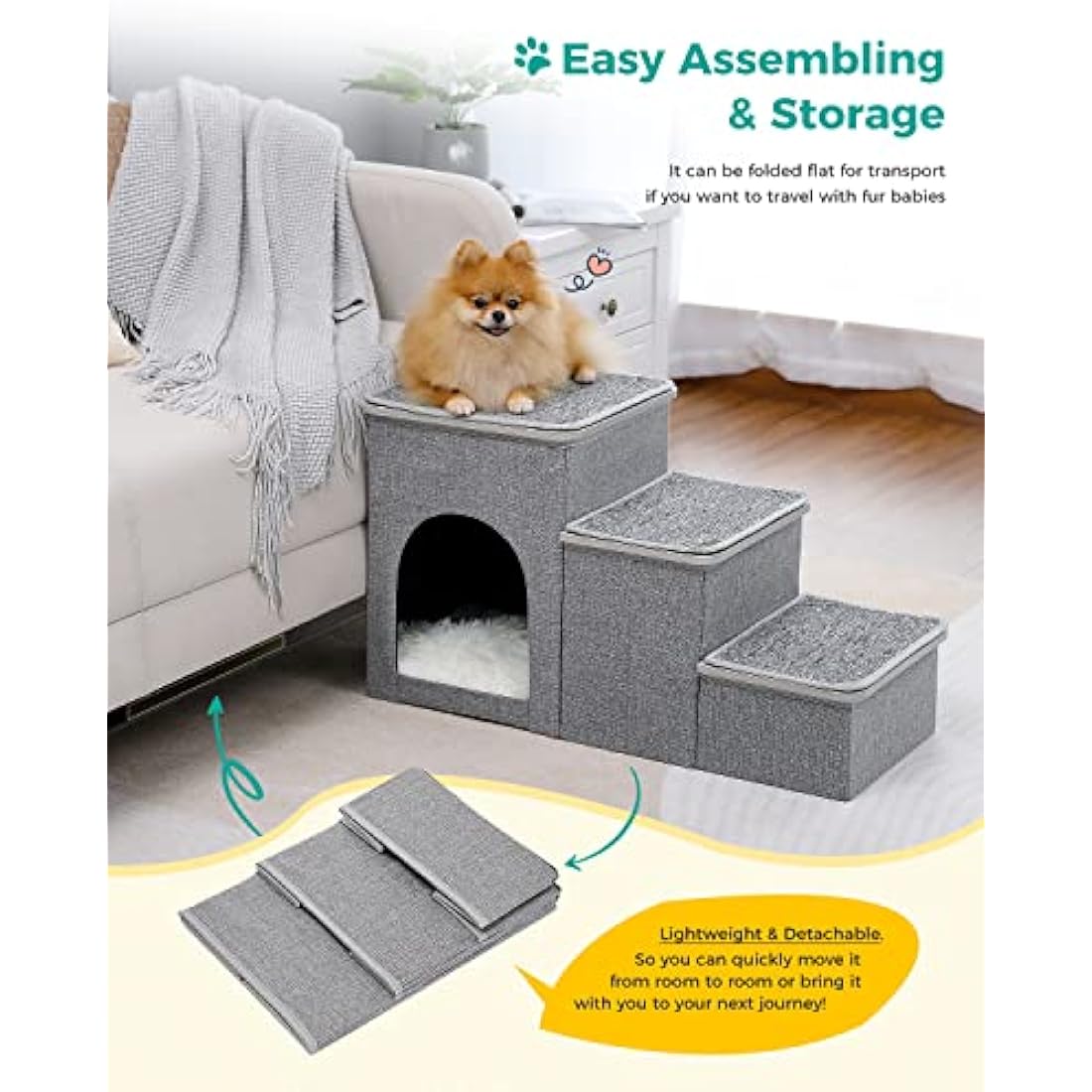 PETEPELA 3-Step Foldable Dog Stairs with Storage for High Bed – Grey
