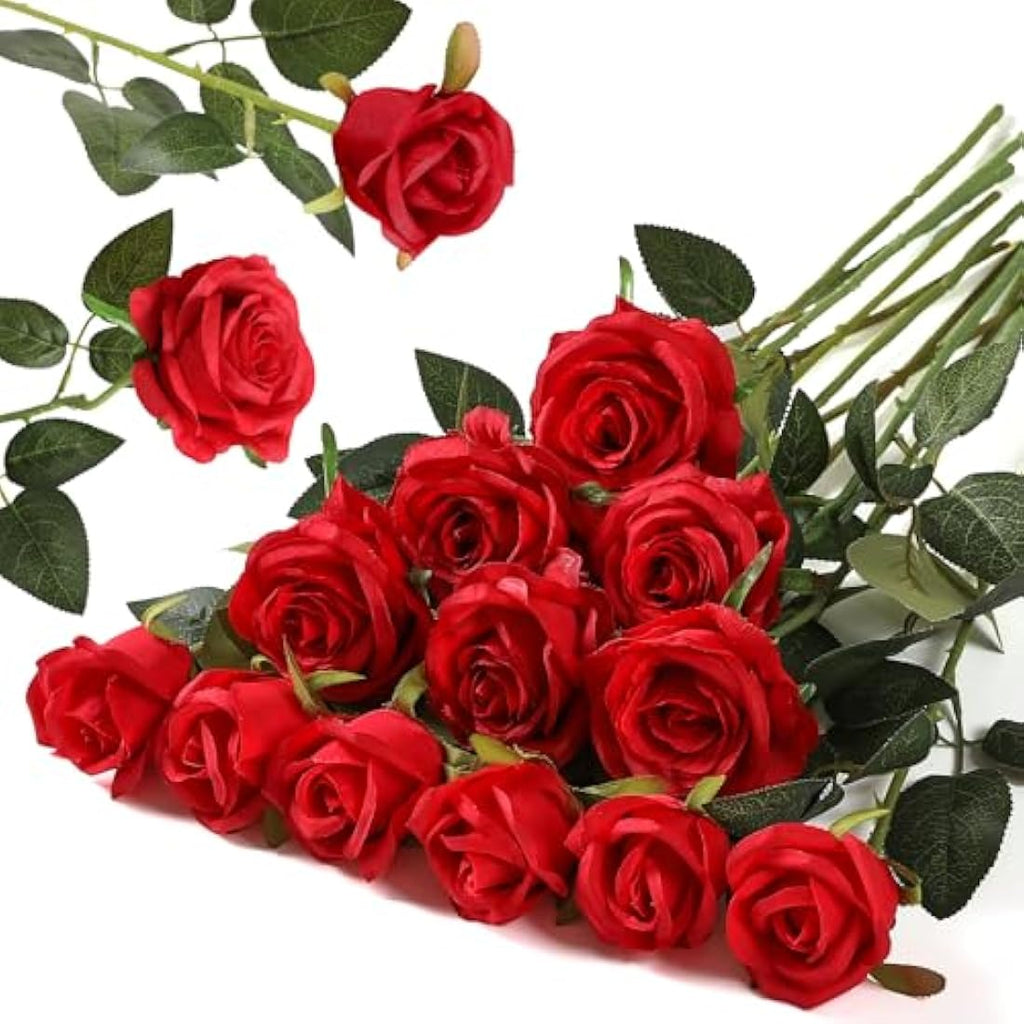 Jolof Store 12PCS Artificial Silk Roses - Long Stem Red Flower Bouquet