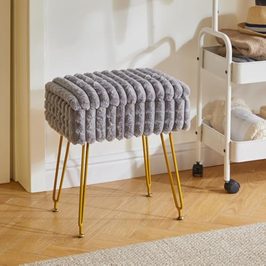 IBUYKE Grey Vanity Stool with Storage – Modern Ottoman Footrest Chair